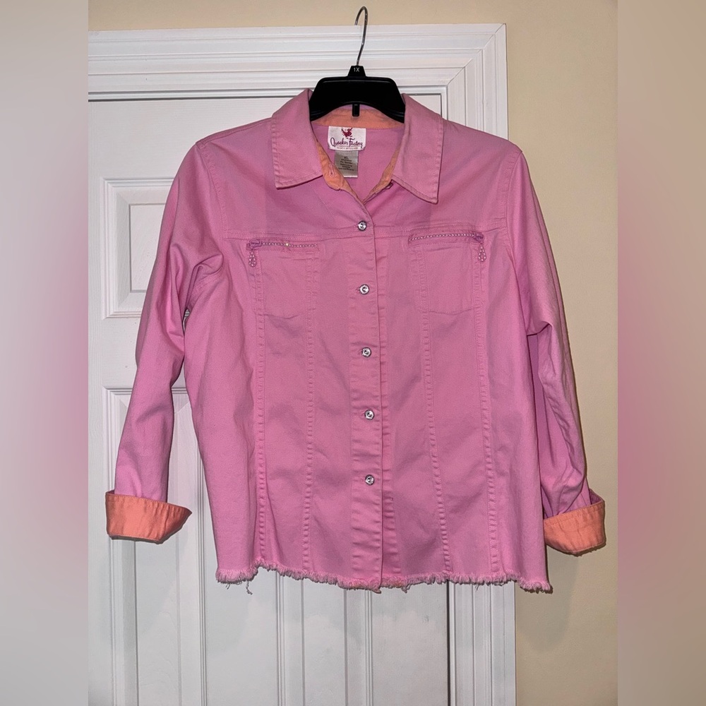 Quacker Factory Pink Denim Jacket XL Fringe Hem Embellished Gemstone Zip Pockets